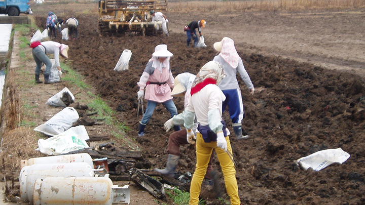 復興組合による瓦礫除去作業。大震災後、大量の瓦礫処理は営農再開の大きな障害になった