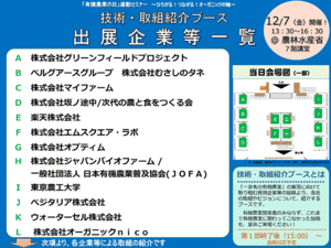 有機農業の日」連動セミナー　～ひろがる！つながる！オーガニックの輪～　技術・取組紹介ブース出展企業等一覧など