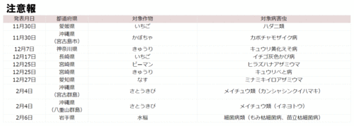 注意報　ハダニ類	、カボチャモザイク病、キュウリ黄化かび病、ヒラズハナアザミウマ、キュウリべと病、ミナミキイロアザミウマ、メイチュウ類（カンシャクシンクイハマキ）、メイチュウ類（イネヨトウ）、もみ枯細菌病、	苗立枯細菌病のサムネイル画像