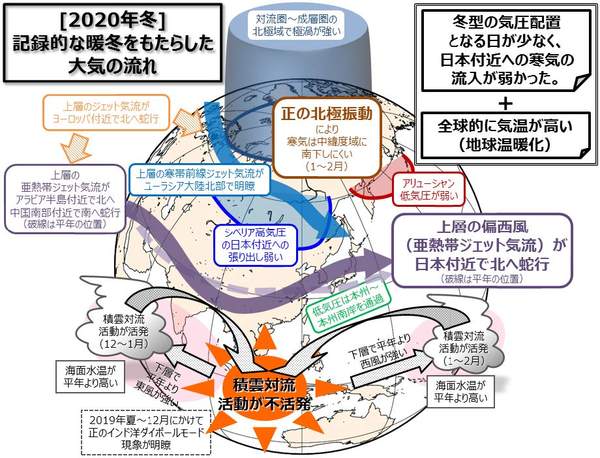 2020 年冬（2019 年12 月～2020 年2 月）の平均的な大気の流れに関する模式図