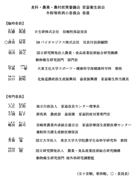 食料・農業・農村政策審議会家畜衛生部会牛豚等疾病小委員会委員名簿