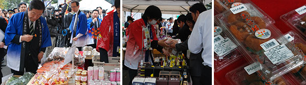 試食を片手に福島県の物産を見る、盛況の物産店、検査済のシールが貼られたあんぽ柿