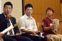 中山間フォーラムの設立11周年記念シンポジウム。7月8日。実践報告をした(左から）橋本さん、中川さん、小松さん。