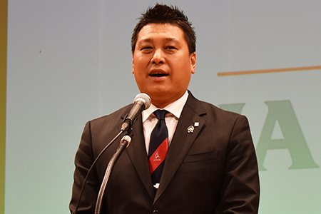 決意を表明する次期会長候補者の田中さん