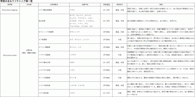 野菜の主なリゾクトニア病一覧