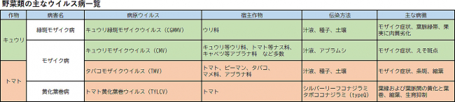 野菜類の主なウイルス病一覧
