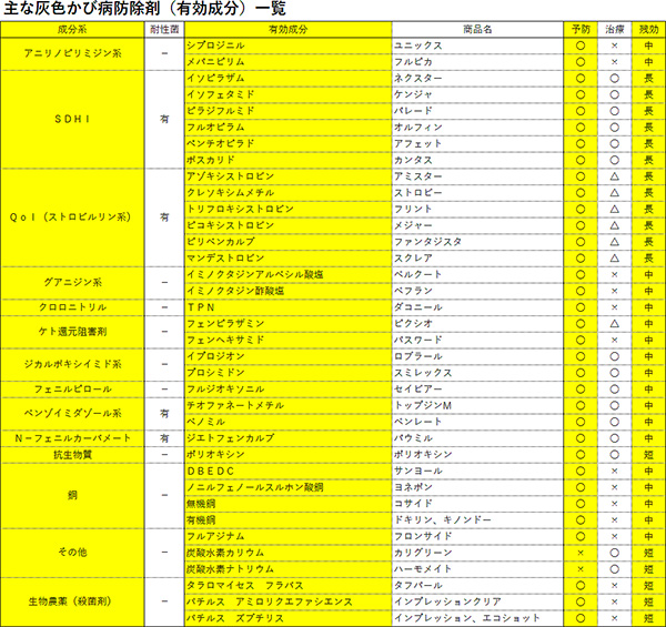 表１　主な灰色かび病防除剤（有効成分）一覧