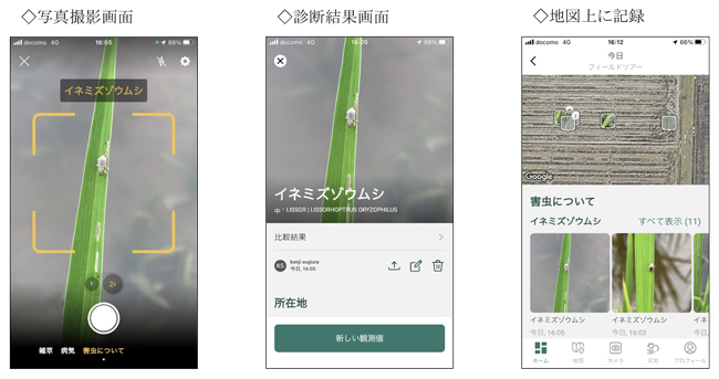 「MagicScout（マジックスカウト）」の画面。左から写真撮影画面、診断結果画面、地図上に記録