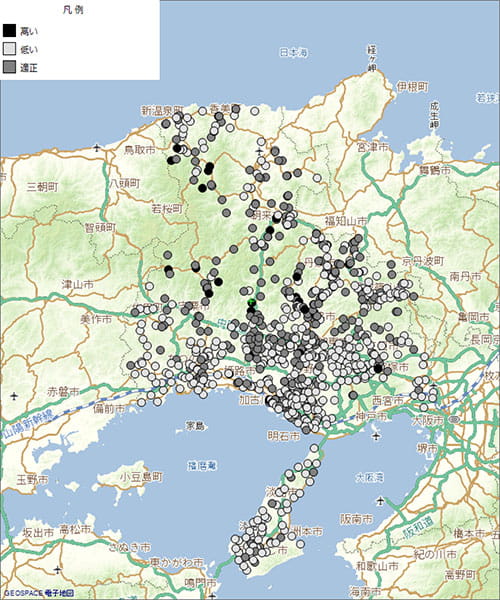 【図4】兵庫県の土壌診断マップ（土壌腐植含量の例、Z-GISを用いてマップ化）.jpg