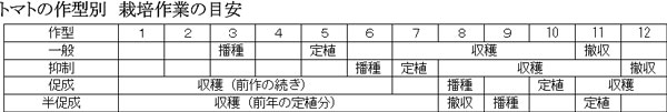 トマトの作型別、栽培作業の目安