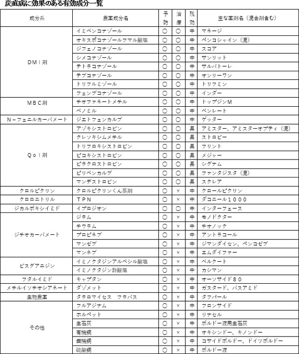 炭疽病に効果のある有効成分一覧