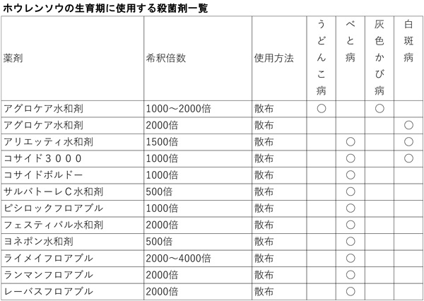 ホウレンソウの生育期に使用する殺菌剤一覧