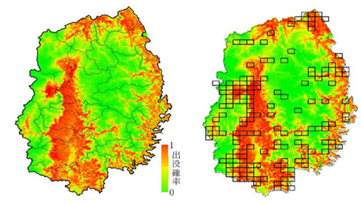 2007〜2019年の出没データを用いて作成したイノシシの出没予測図。ハザードマップとして用いることが可能（左）、 出没予測図に、2018〜2019年に実際に出没した5kmメッシュ（□）を重ねたもの