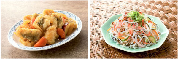 左（主菜）：「たらフリッターと根菜の黒酢あん　玄米黒酢入（2～3人前）」、右（副菜）：「ヤムウンセン（タイ風春雨サラダ）（2～3人前）」