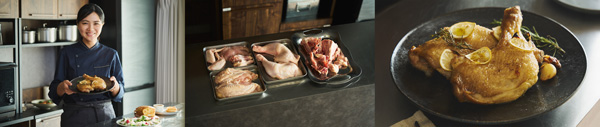 左から、フレンチ料理家の深沢あやさん、 解体した国産丸鶏 部位によってとれる量のバランスが異なる、 骨つきモモ肉のハーブレモンロースト