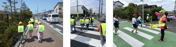 ランドセルカバーを着用して登校する児童