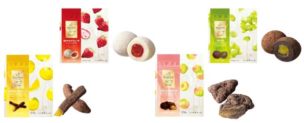 （左から）「宮崎県産日向夏ピール　ミルクチョコレート」「福岡県産あまおう苺　ジュレショコラ」「和歌山県産梅酒の梅　ダークチョコレート」「長野県産シャインマスカット　ジュレショコラ」