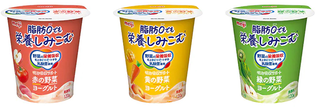 「明治吸収サポート 赤／黄／緑の野菜ヨーグルト」