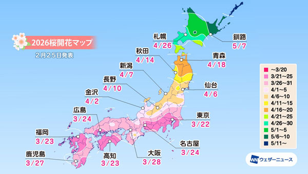 各都市の桜開花予想