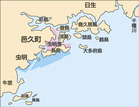 邑久町漁協のある虫明湾の位置