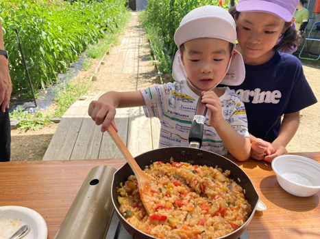 収穫したての夏野菜が入ったラタトゥイユリゾットの調理に取り組む子どもたち