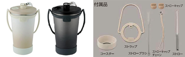 アウトドアにも日常にも馴染むシンプルなデザイン（左）、ストローキャップの予備と、ストロー洗浄用のブラシ付