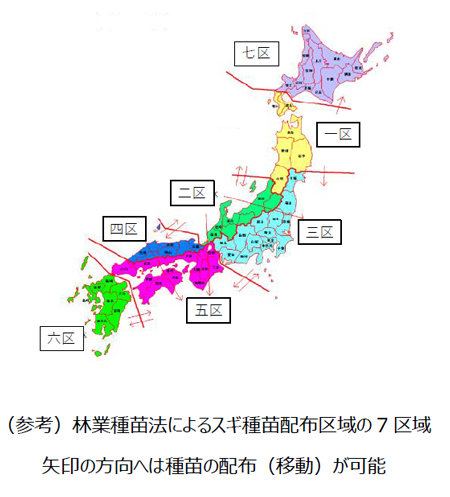 林業種苗法によるスギ種苗配布区域の7区域