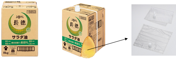 BIBが使用されている、J-オイルミルズの代表商品である業務用長持ち油「長徳®」（中央の画像は中身が見えるように段ボールを切ったもの）