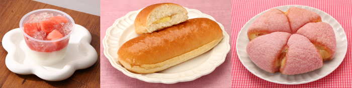 左から、長野県産スイカの杏仁豆腐、バター味わうコッペ（長野県産ふじりんごのジャム＆バター）、【7限目のフルール監修】ちぎれるメロンパン（長野県産ムーンルージュりんごのジャム）