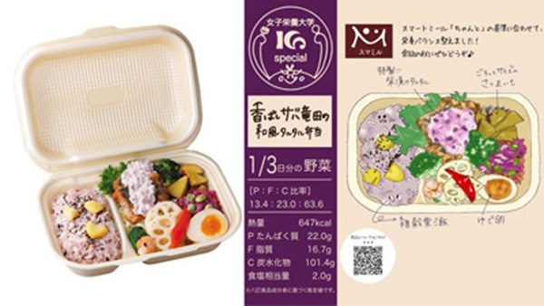 左：「香ばしサバ竜田の和風タルタル弁当 」右：学生が描いたイラストを用いた弁当の掛け紙