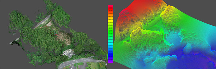 Terra Mapperで作成した、被災地の点群データとメッシュデータ