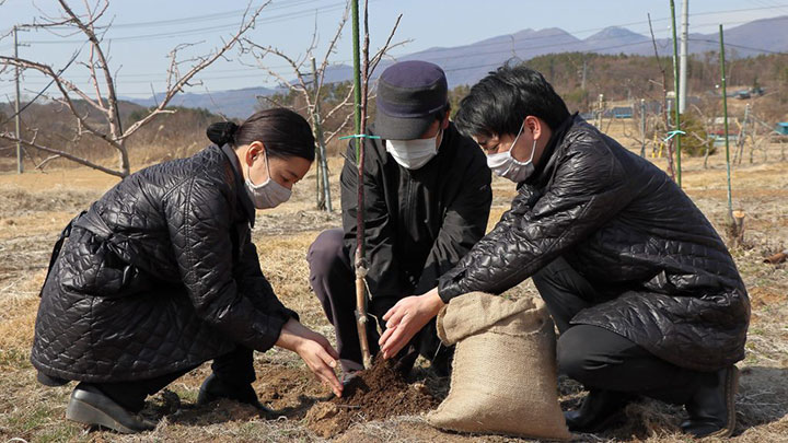 完成した「りんご土」を畑に還元するスタッフ