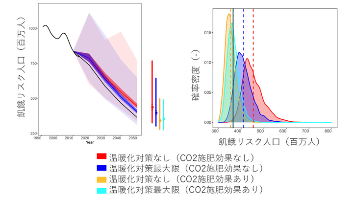 左図：世界の飢餓リスク人口の推計。黒は現状気候を想定したベースラインシナリオ。赤、青はそれぞれ温暖化対策なしケースと温暖化対策を最大限実施したケースでCO2施肥効果を考慮しない場合。黄、水色はそれぞれのケースに対してCO2施肥効果を考慮した場合を表す  右図：2050年の頻度分布を表し、黒はベースライン、破線は中位値