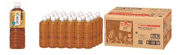 「CO・OP 麦茶（国産六条大麦使用）600ml」（左）と「CO・OP ラベルのない麦茶（国産六条大麦使用）600ml×24本」