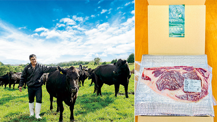 北広島市にある宮北牧場（左）、北海道北広島産ブラックアンガス牛のステーキ用リブロース
