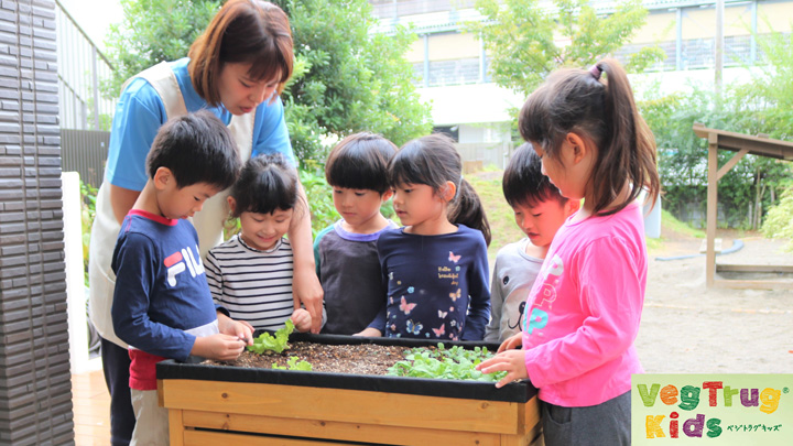 「VegTrug（R） Kids」で野菜が育つ様子を観察する子どもたち