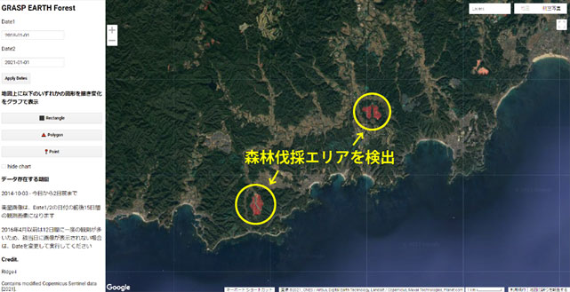 （図1）千葉県南部の森林伐採エリア検出結果