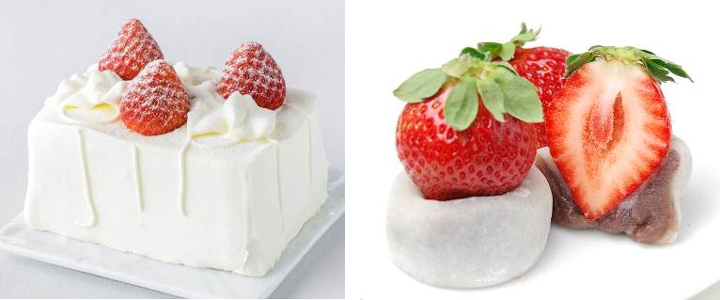 「トップス」の苺のショートケーキ（左）、「旬果瞬菓　共楽堂」の大いちご大福