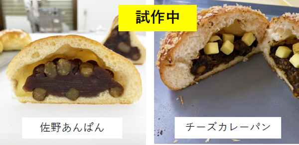 試作中の「佐野あんぱん」（仮）と「チーズカレーパン」（仮）