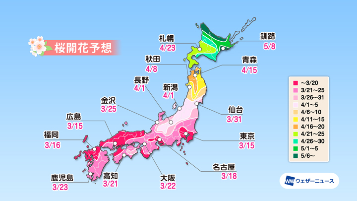 各都市の桜開花予想