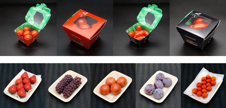 青果物向けに開発された蓋つきの紙製容器「紙ベジ」（上）、青果物に対応した耐水・耐熱仕様の「紙デリ」