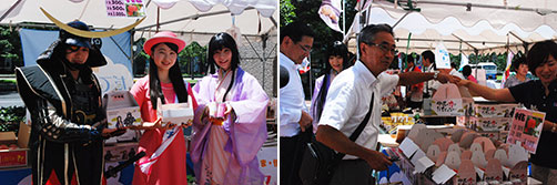 モモをＰＲする達政宗とその妻の愛姫（めごひめ）に扮した応援隊とミスピーチ、福島の特産物を購入するビジネスマン