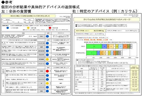 個別の分析結果や具体的アドバイスの返信様式（左：全体の食習慣、右：特定のアドバイス〈例：カリウム〉）