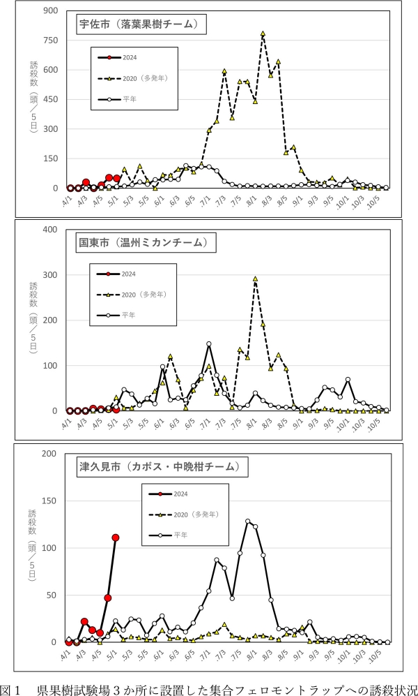 図1：県果樹試験場3か所に設置した集合フェロモントラップへの誘殺状況