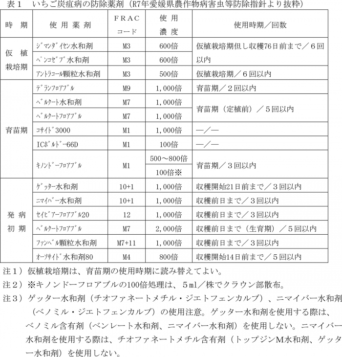 表1：いちご炭疽病の防除薬剤（R7年愛媛県農作物病害虫等防除指針から）