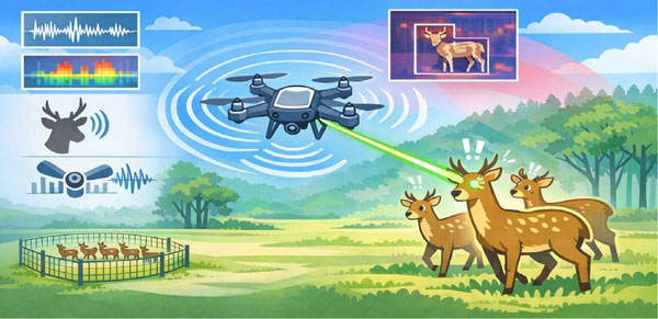 :光や音による刺激を用いたシカの行動制御のイメージ。ドローンがシカを検知して低出力レーザーで追尾・誘導する。（農研機構・東京工科大学「連携課題の概要」）