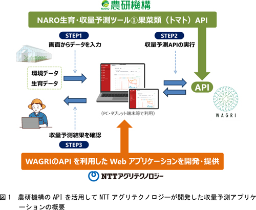 図1：農研機構のAPIを活用してNTTアグリテクノロジーが開発した収量予測アプリケーションの概要