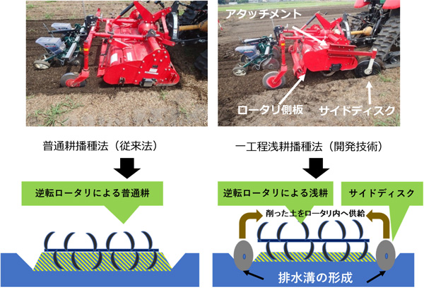 図1 逆転ロータリの普通耕播種法（左）と今回開発した一工程浅耕播種法（右）による播種風景および播種作業時の概略図