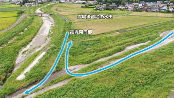 図1：福井県北川流域の霞堤．洪水時には開口部から背後の水田に水がゆるやかに溢れる