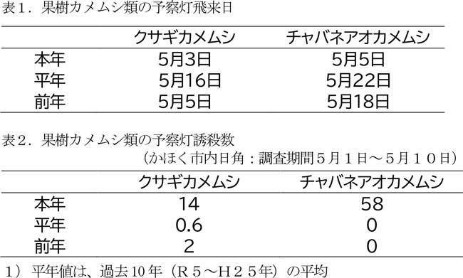 表1：果樹カメムシ類の予察灯飛来日、表2：果樹カメムシ類の予察灯誘殺数（かほく市内日角：調査期間5月1日～5月10 日）